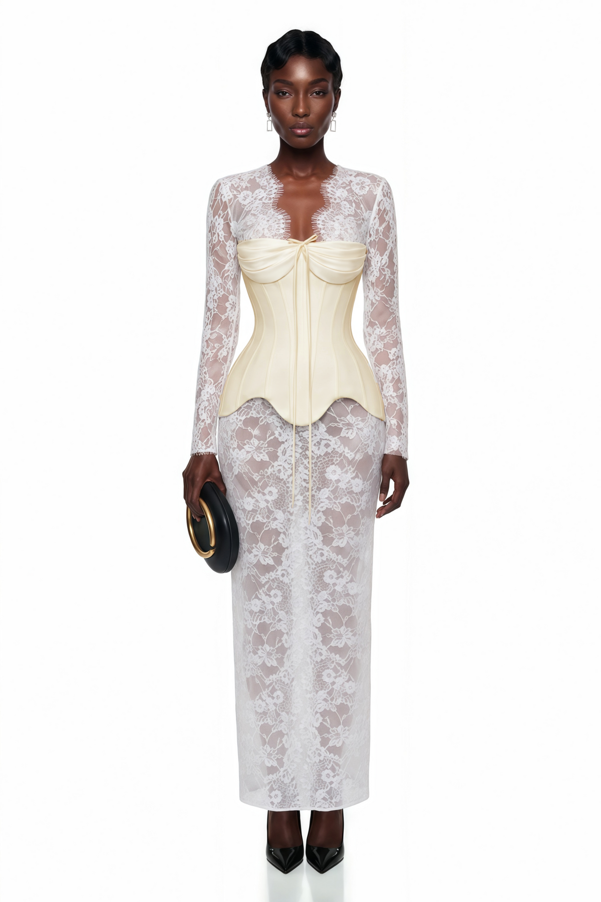 Renata White Ruched Top & Semi Sheer Lace Maxi Dress Set