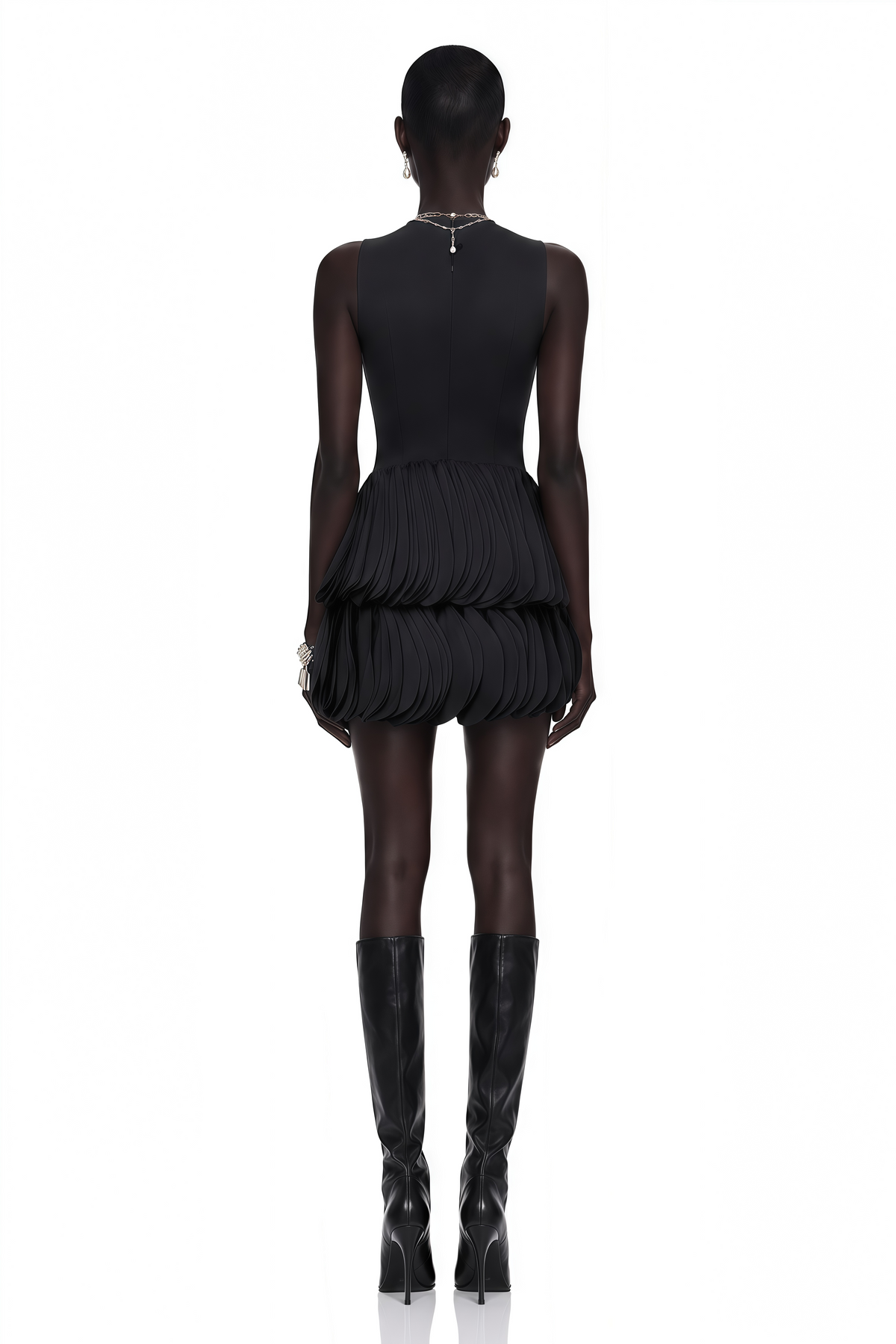 Renee Black Tiered Mini Dress with Faux Leather Bodice