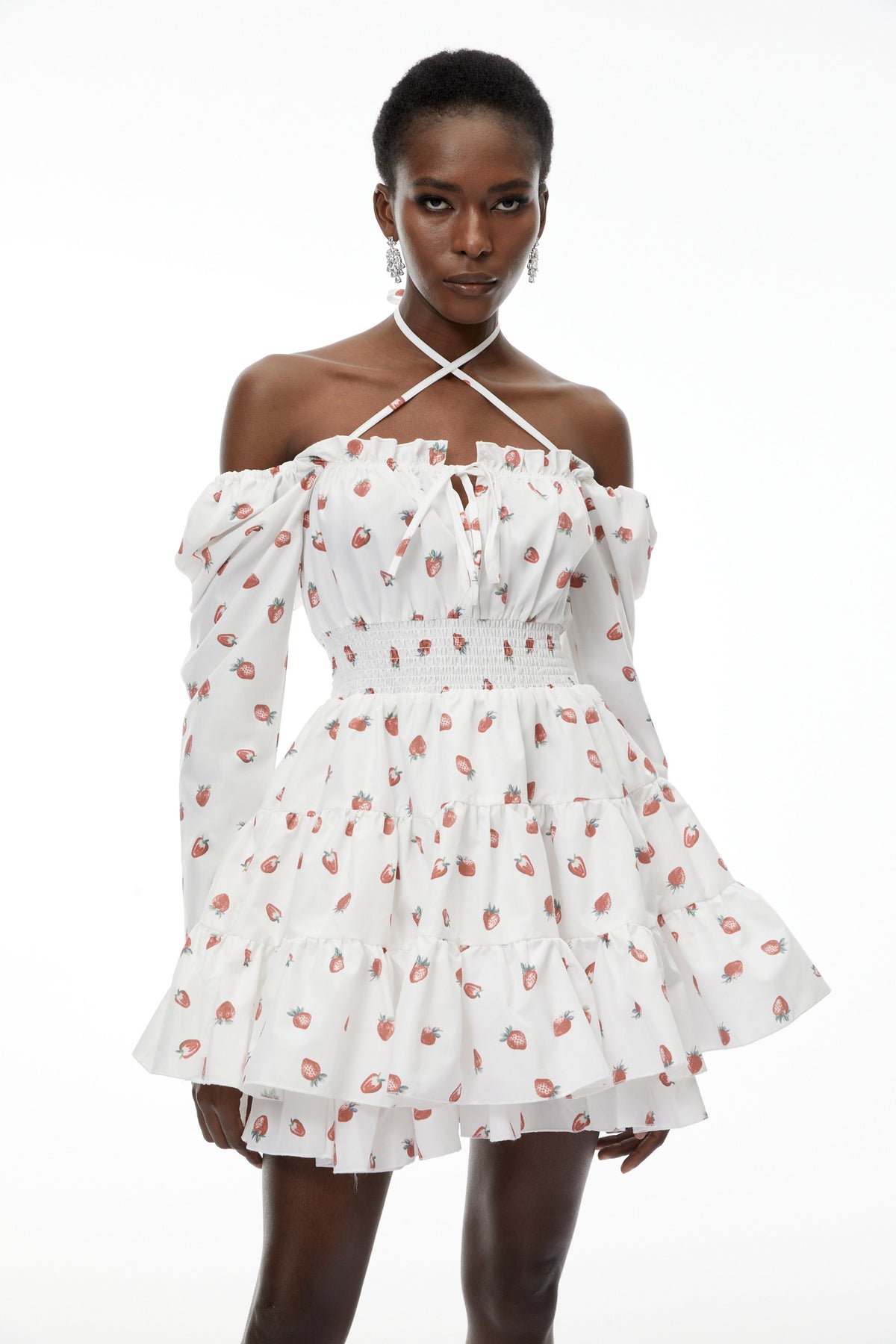 Renée White Strawberry Print Tiered Mini Dress