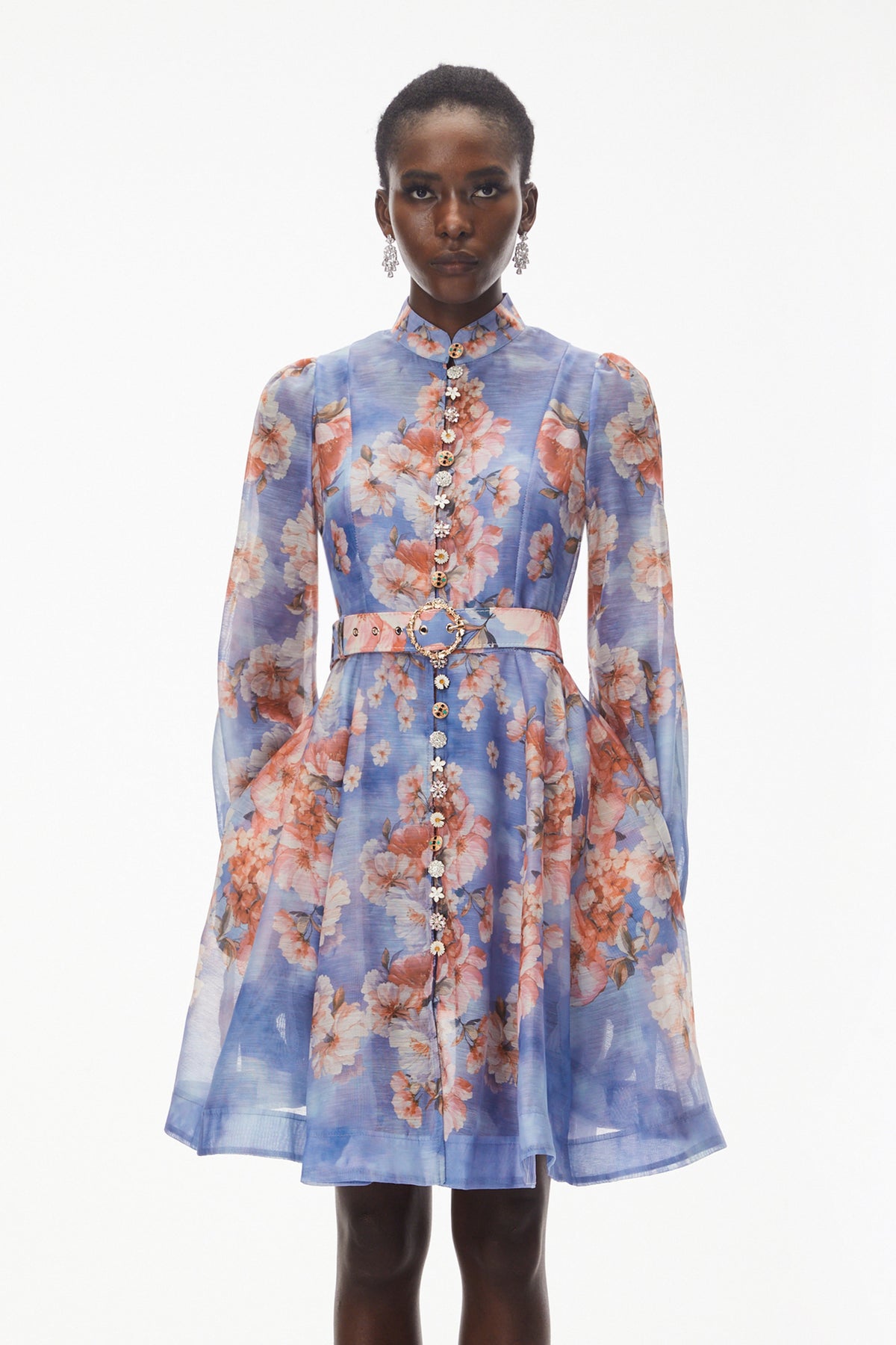 Rhode Dusty Blue Floral Print Mini Dress with Belt