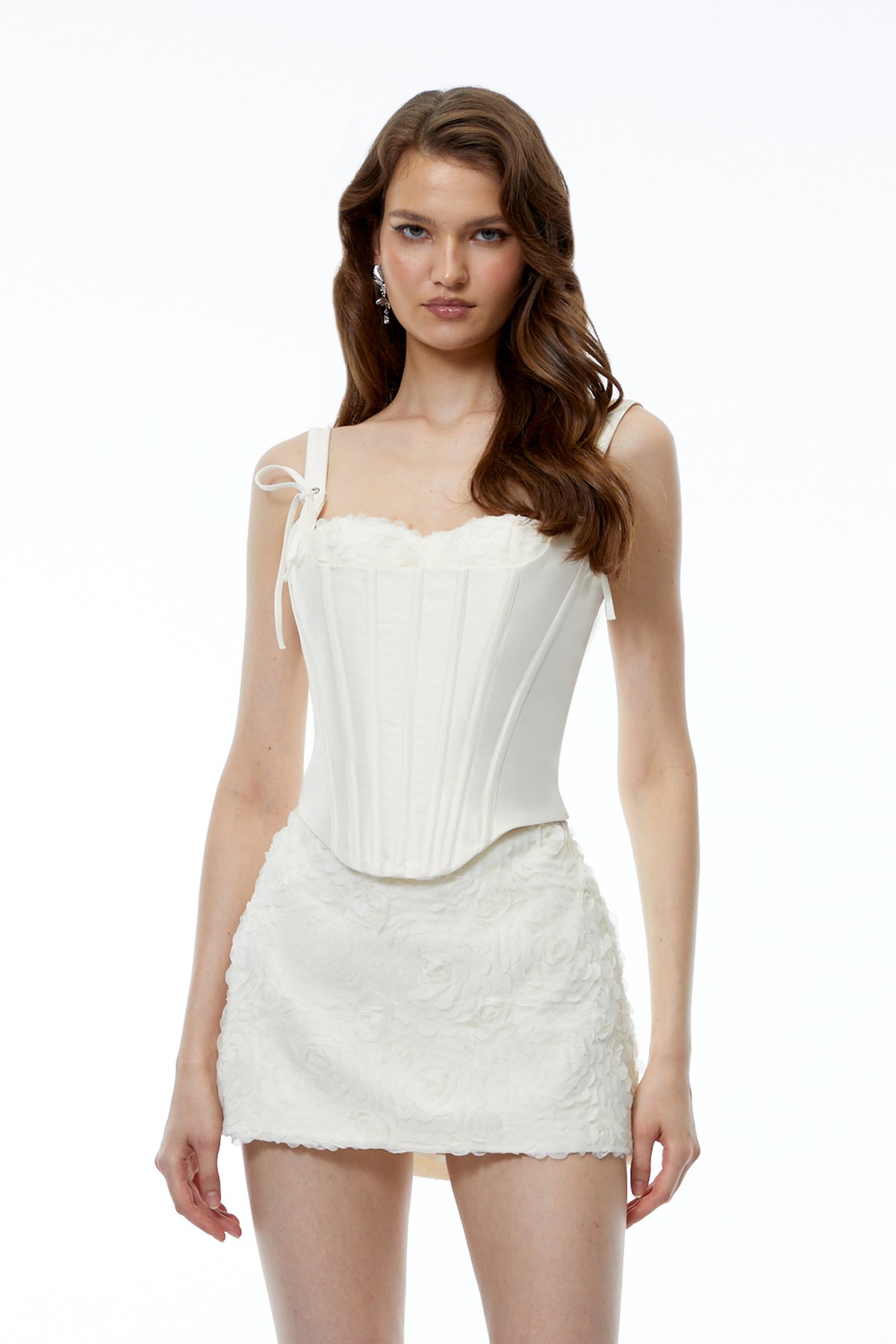 Romane White Corset Top & Skirt Set with Floral Embossing