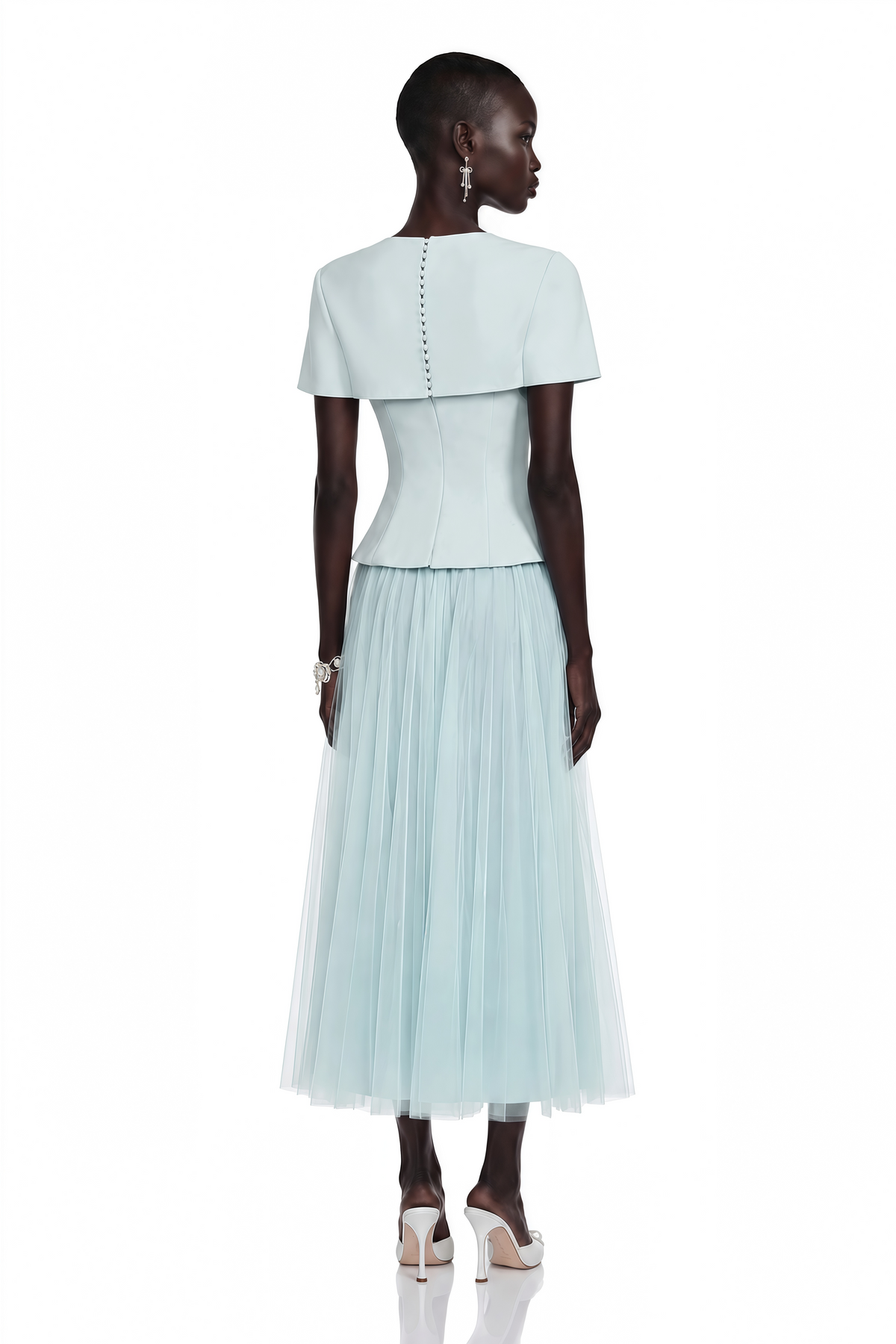 Rosalind Blue Mesh Midi Dress with Cape