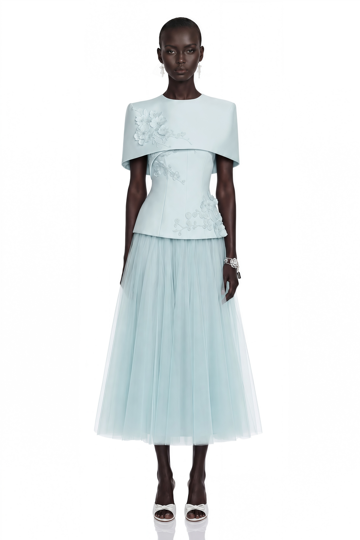 Rosalind Blue Mesh Midi Dress with Cape