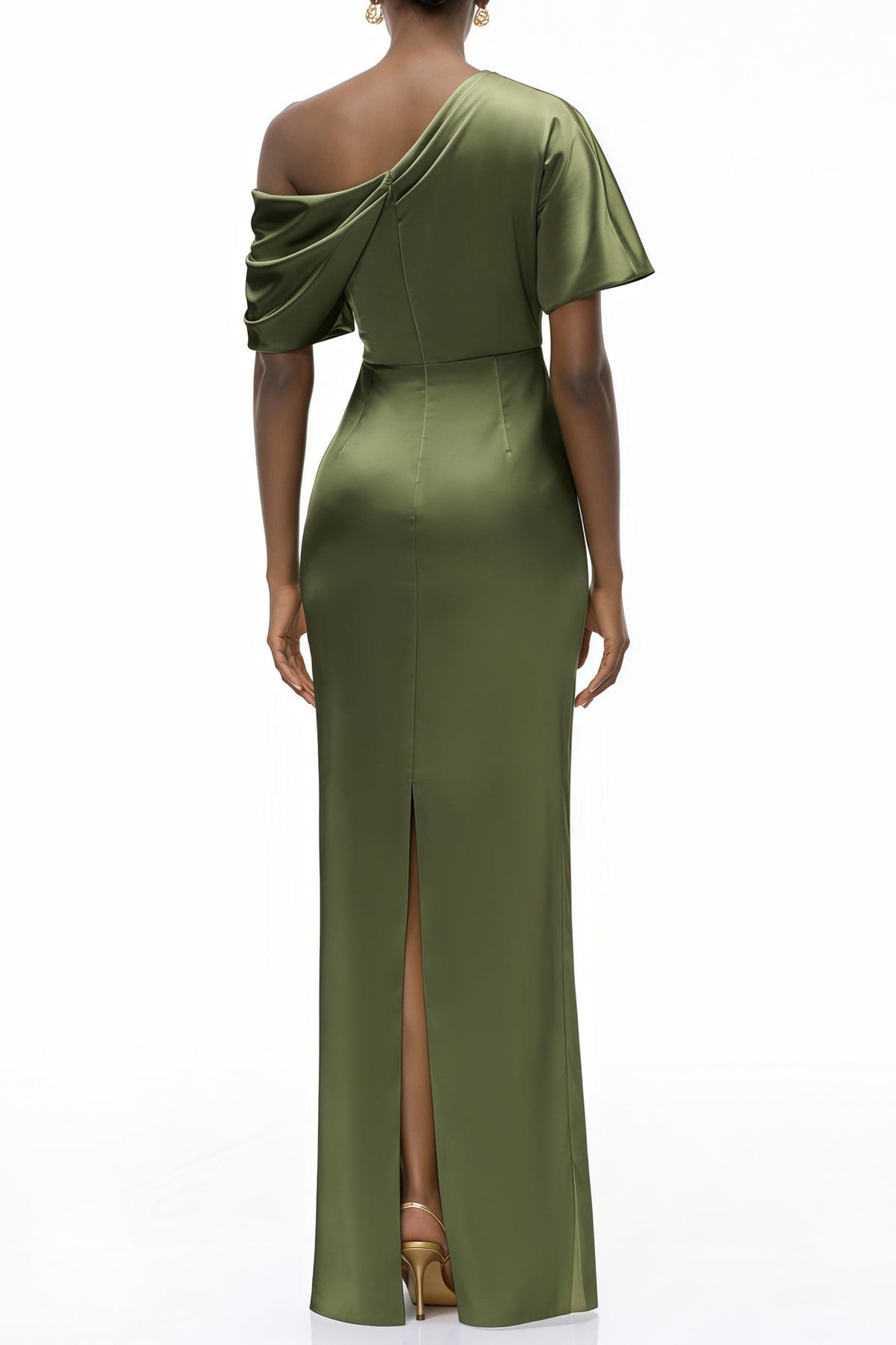 Roshan Emerald Green One Shoulder Satin Maxi Dress