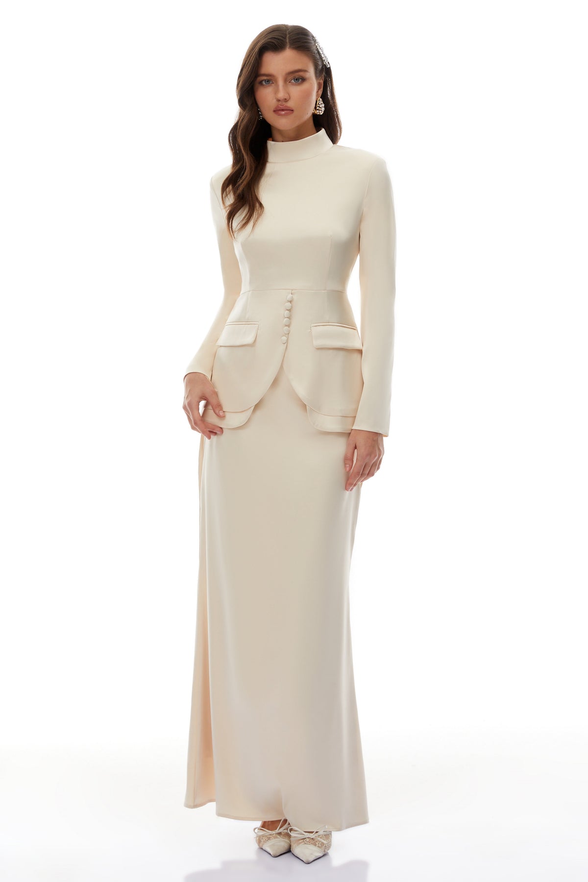 Roxanne Neutral Mock Neck Blouse & Mermaid Skirt Set