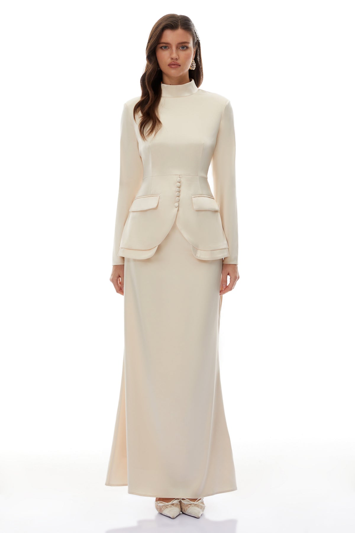 Roxanne Neutral Mock Neck Blouse & Mermaid Skirt Set