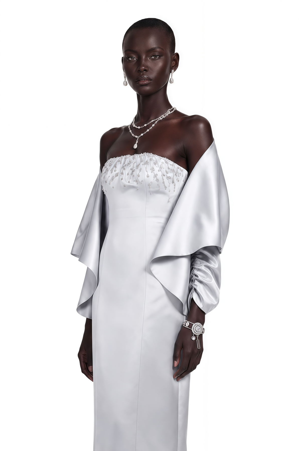 Runa Silver Cape Sleeve Rhinestone Maxi Dress & Jacket Set