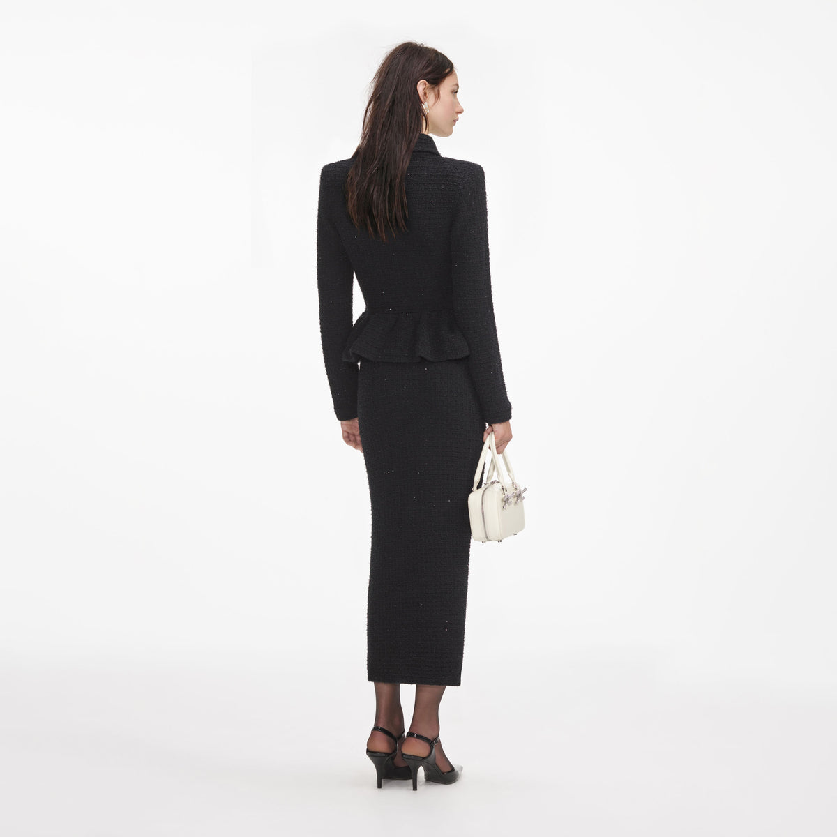 Black Textured Knit Peplum Midi Dress