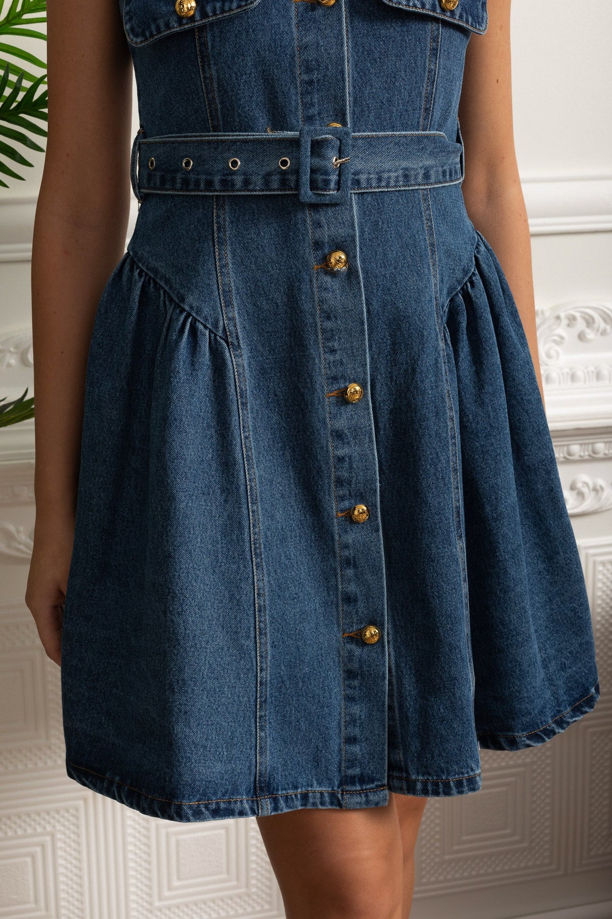 Belted Denim Button-Front Mini Dress - Blue