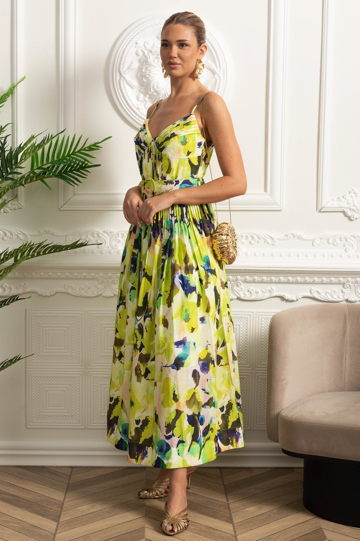 Pleated Bust Belted Midi Dress with Spaghetti Straps - Yellow