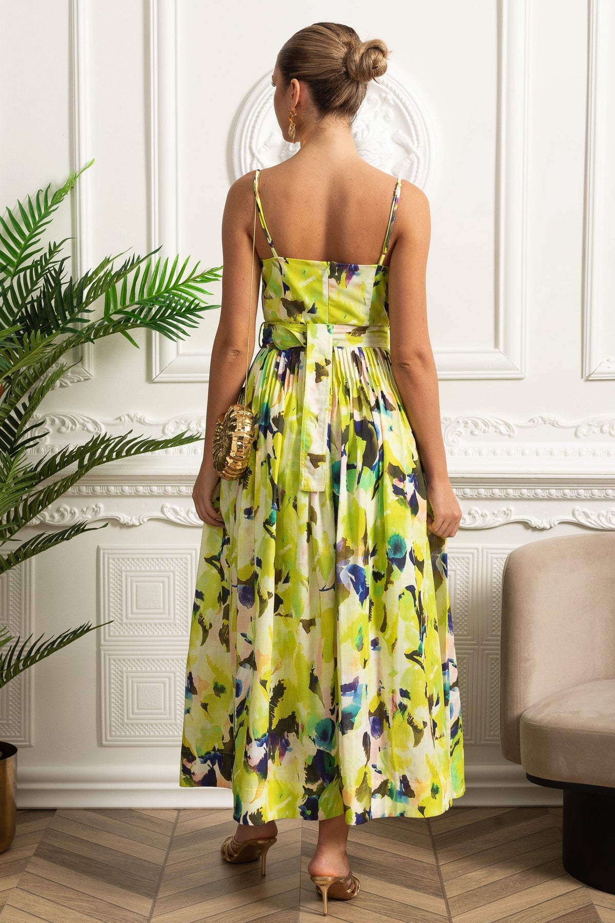 Pleated Bust Belted Midi Dress with Spaghetti Straps - Yellow
