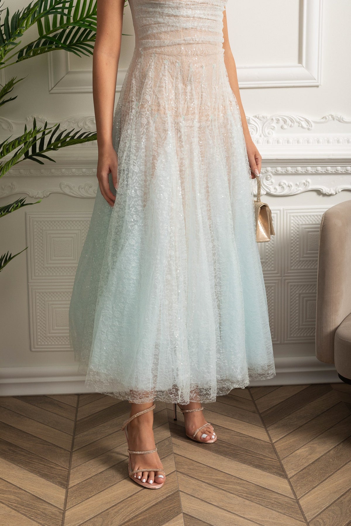 Strapless A-Line Midi Dress With Shimmery Textured Overlay - Turquoise Gradient