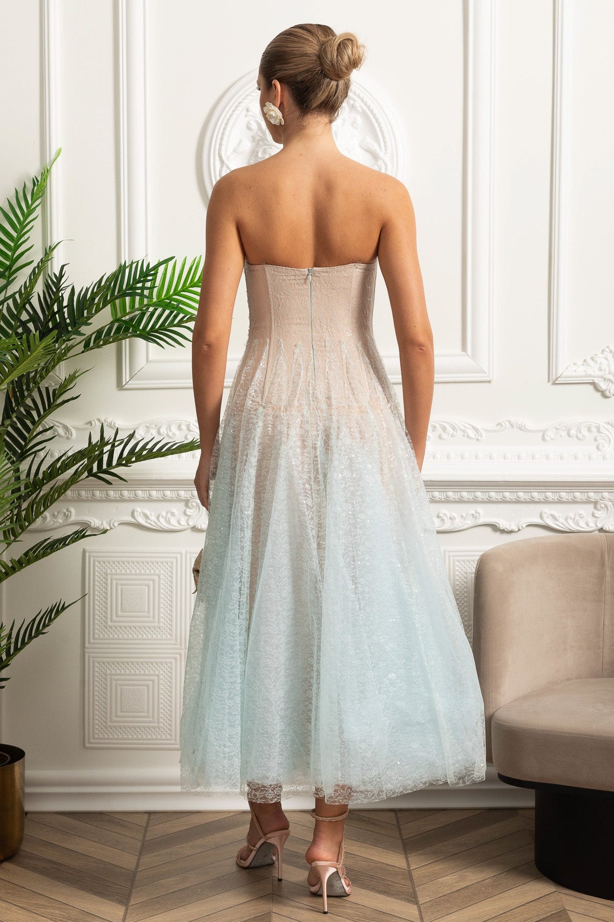 Strapless A-Line Midi Dress With Shimmery Textured Overlay - Turquoise Gradient