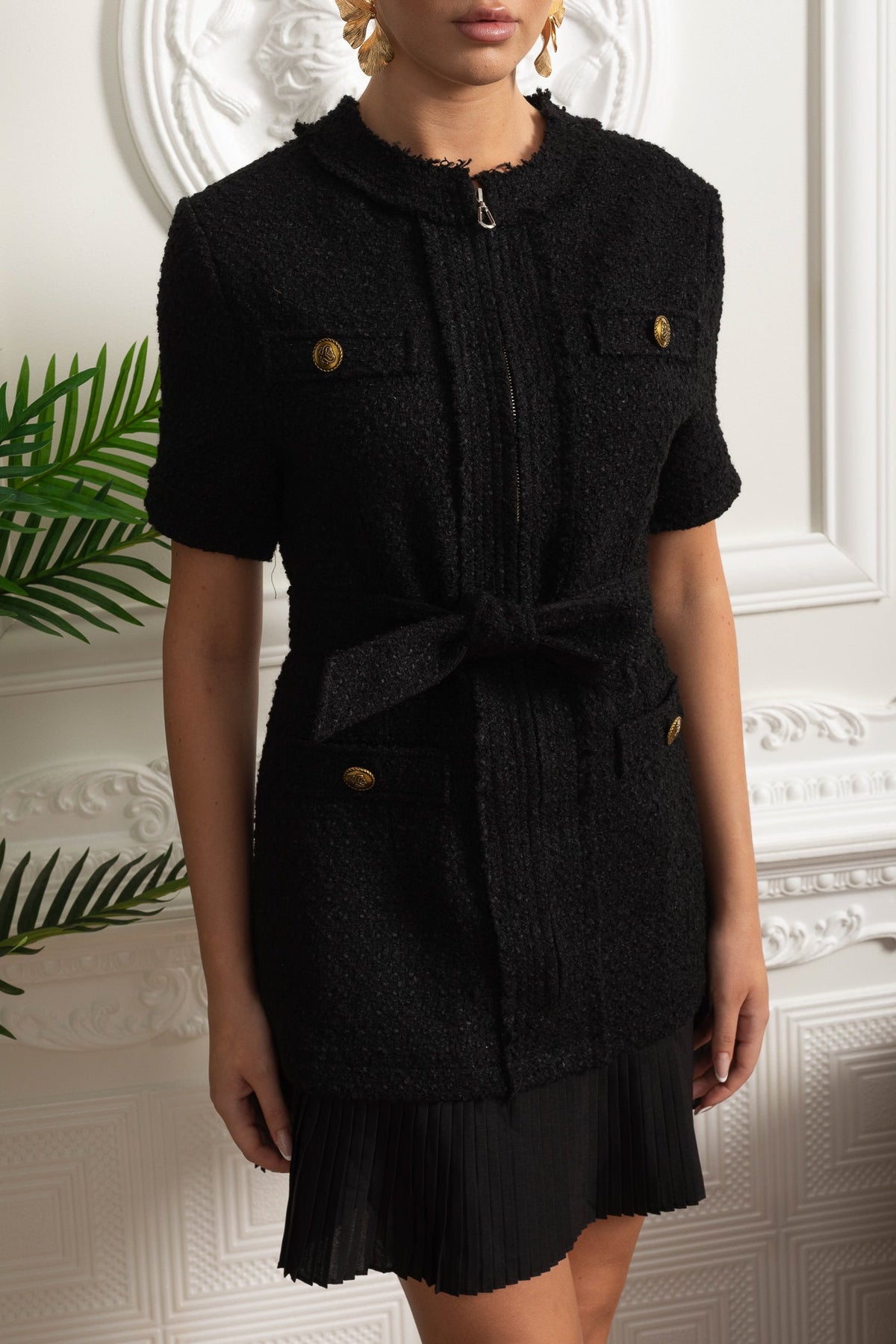 Bouclé Mini Dress With Belted Waist And Pleated Hem - Black