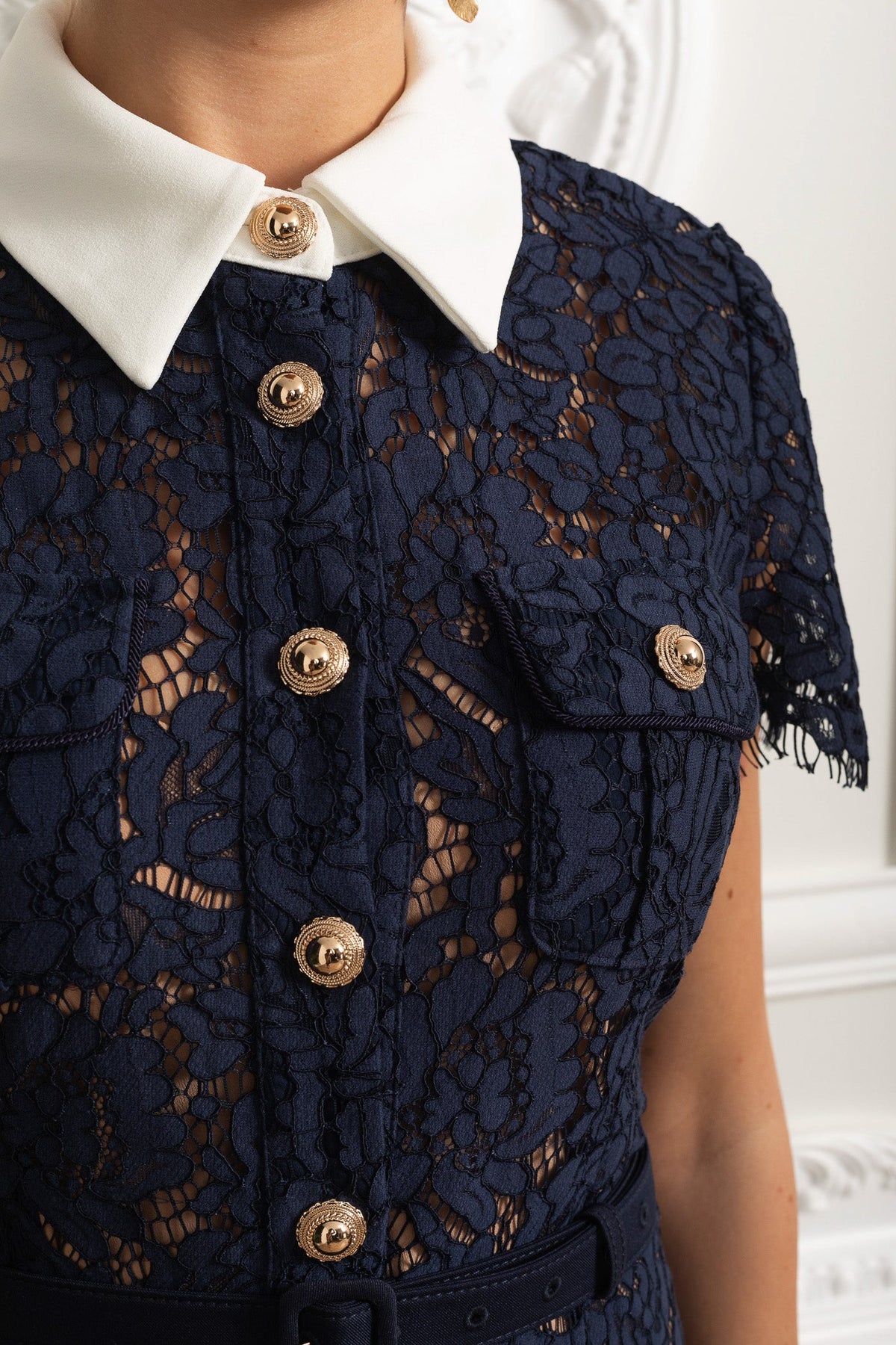 Floral Lace Midi Dress with Tailored Collar and Belted Waist - Navy