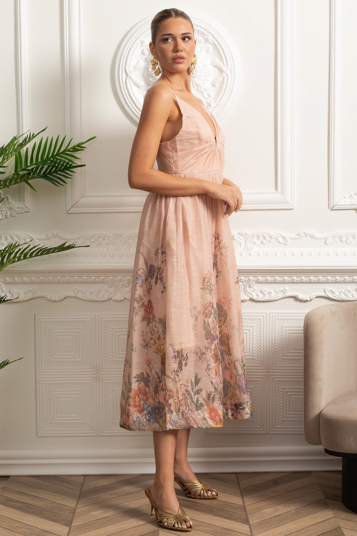 Ruched Bodice Strappy Midi Dress with Smocked Back and Gathered Skirt- Blush