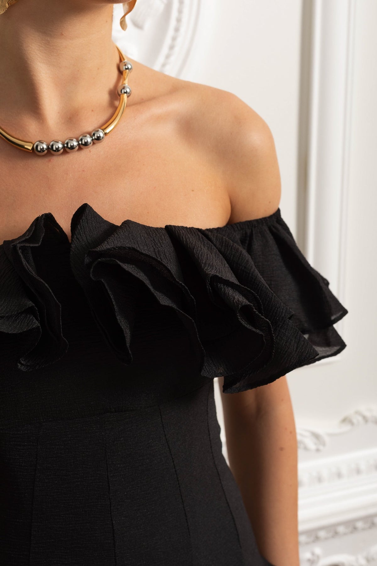 Off-Shoulder Mini Dress with Ruffled Organza Trim - Black