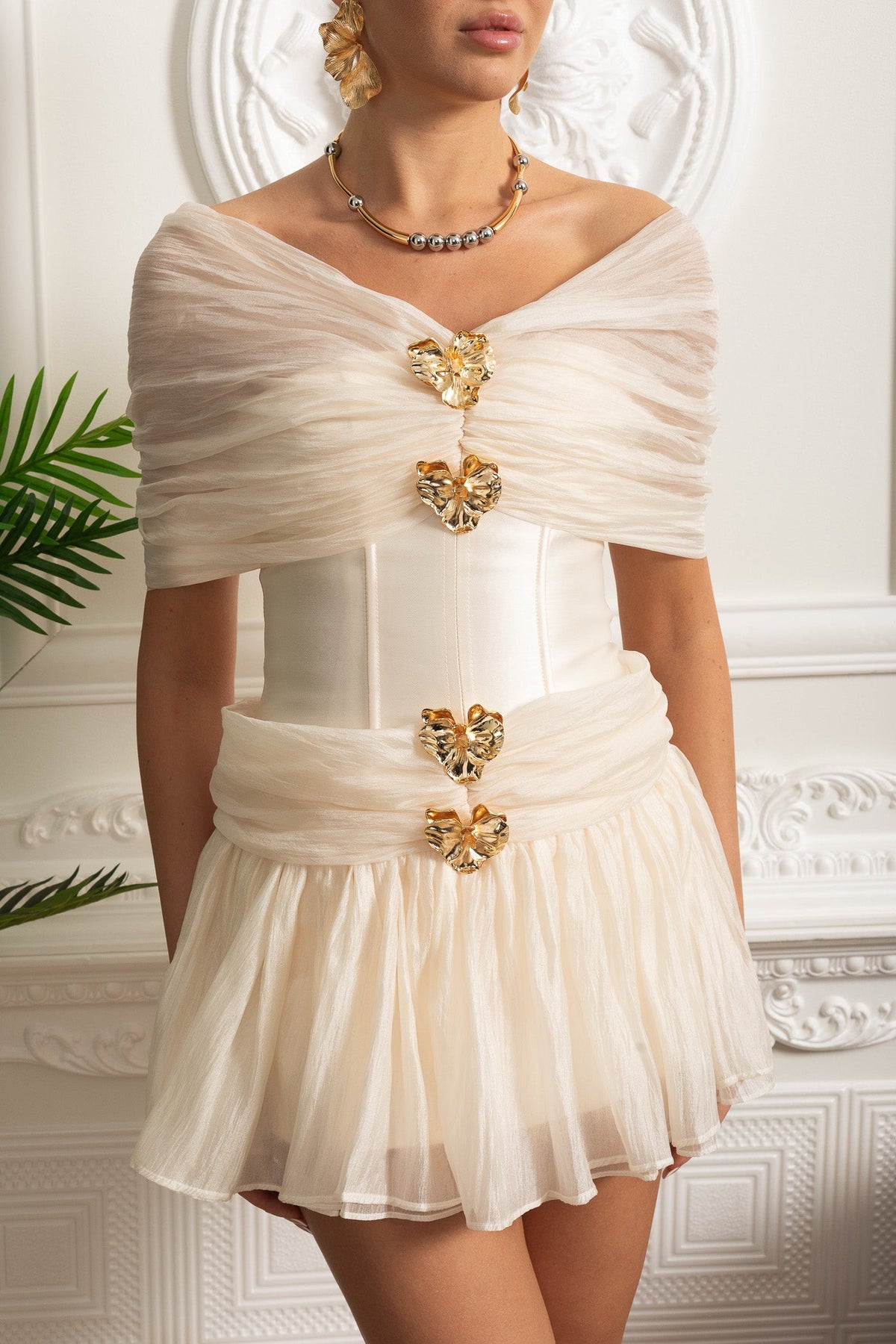 Off-Shoulder Corset Mini Dress with Gold Embellishments - Ivoire