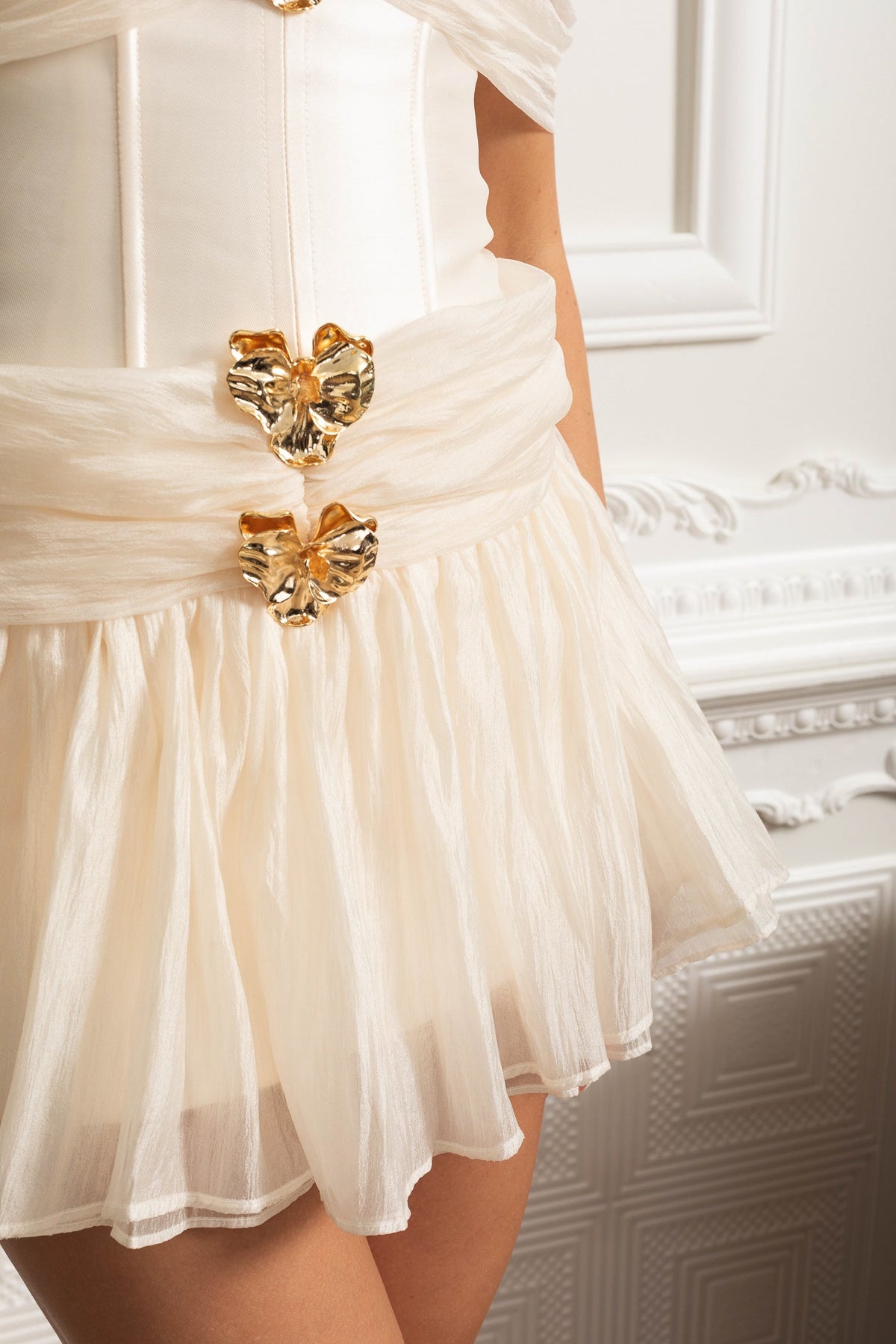 Off-Shoulder Corset Mini Dress with Gold Embellishments - Ivoire