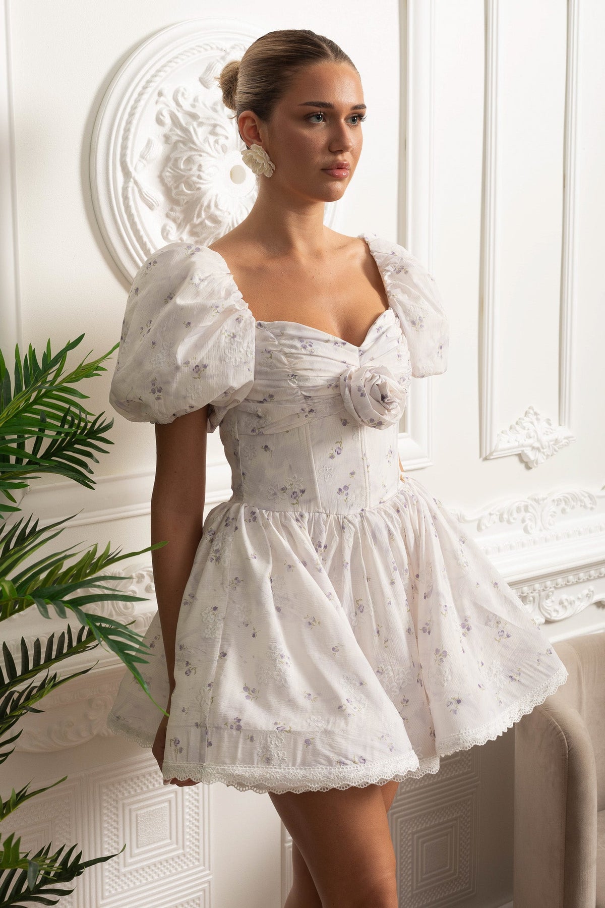 Floral Mini Dress With Puff Sleeves And 3D Rose Detail - White/Purple