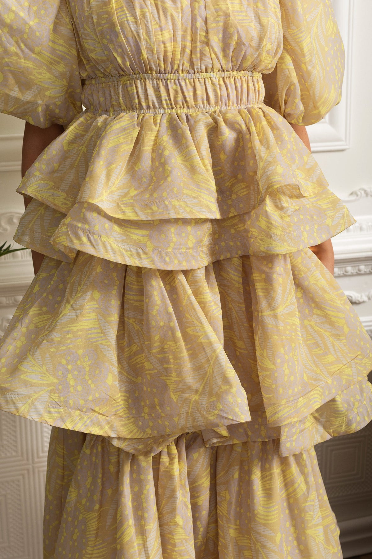 Puff Sleeve Tiered Ruffle Midi Dress - Yellow