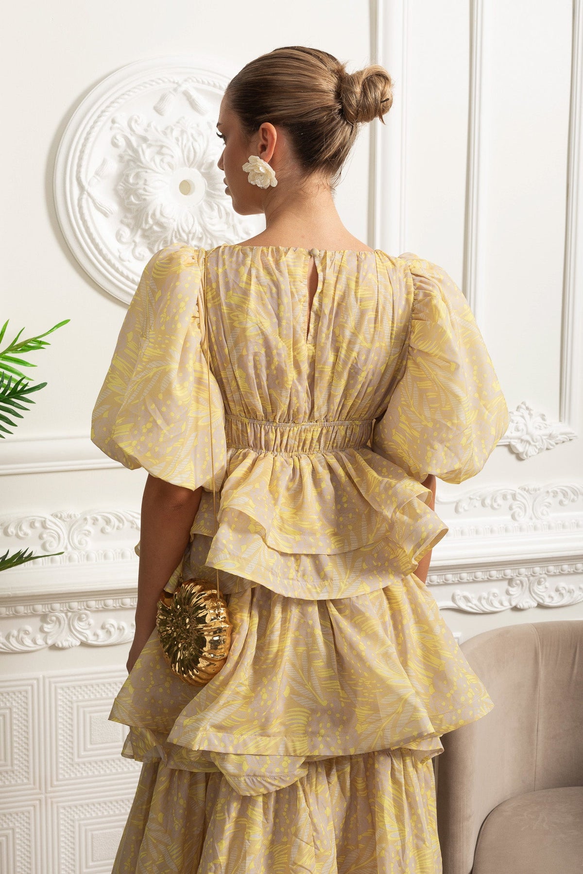 Puff Sleeve Tiered Ruffle Midi Dress - Yellow
