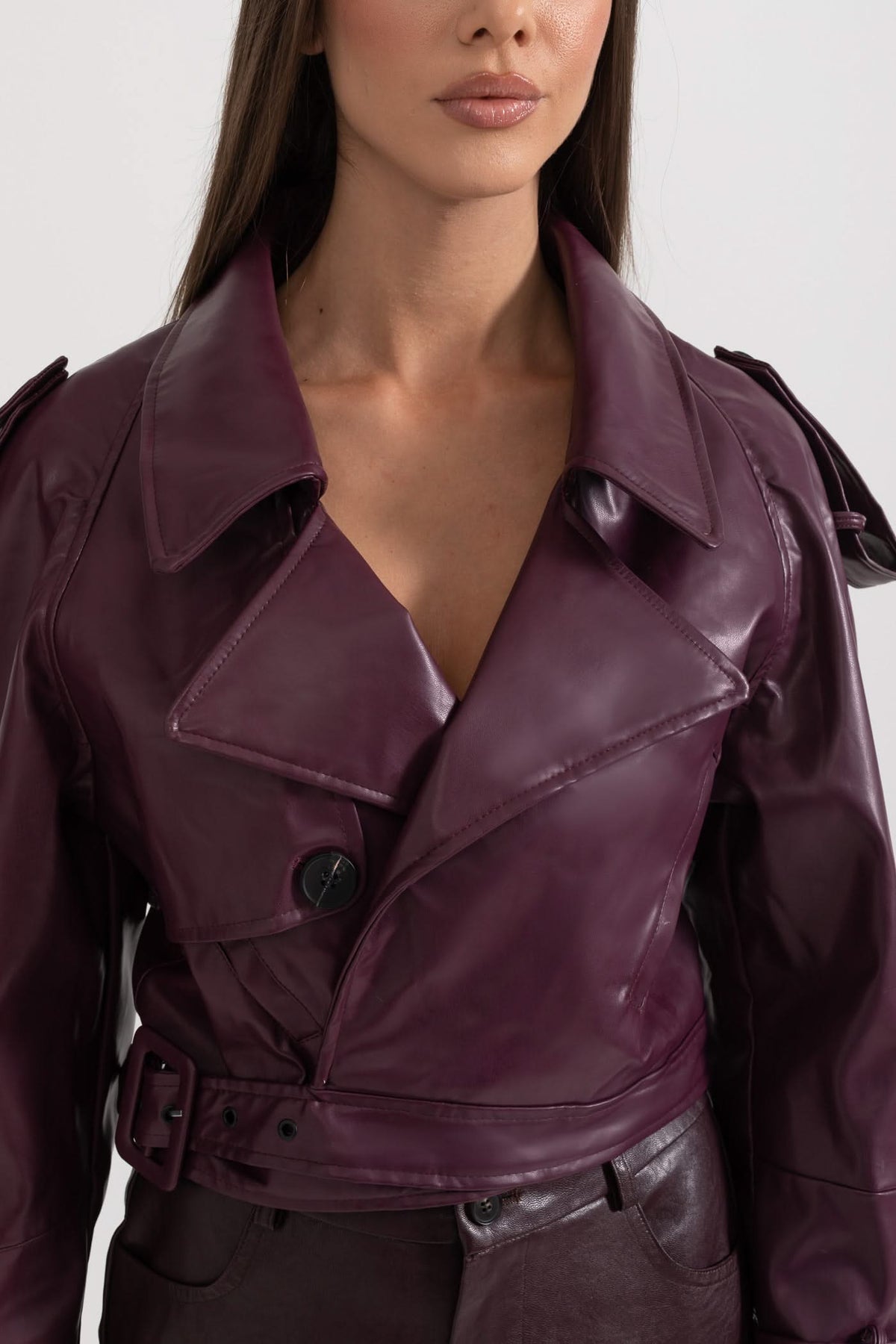 Double Breasted Vegan Leather Jacket - Burgundy