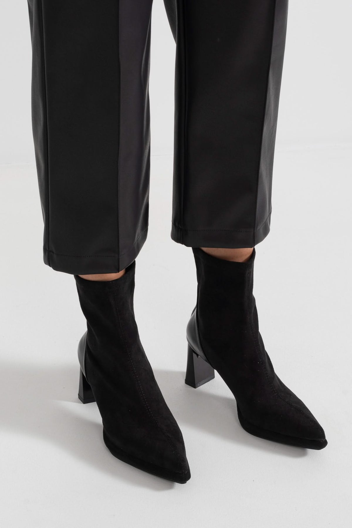 Glossy Heel Suede Ankle Boot - Black