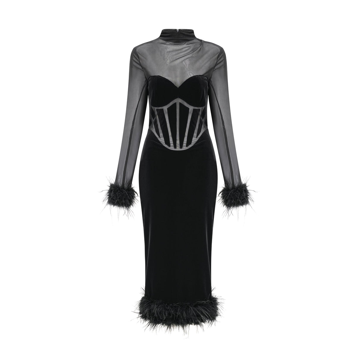Jeanne feather-trim velvet midi dress