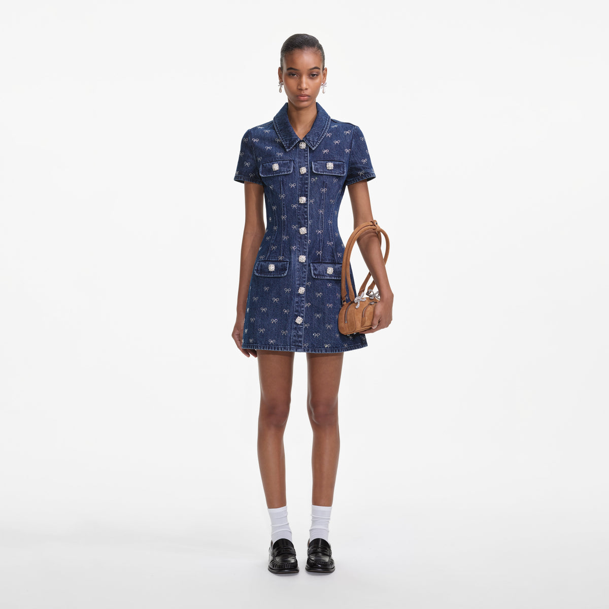 Denim Diamante Bow Collared Mini Dress