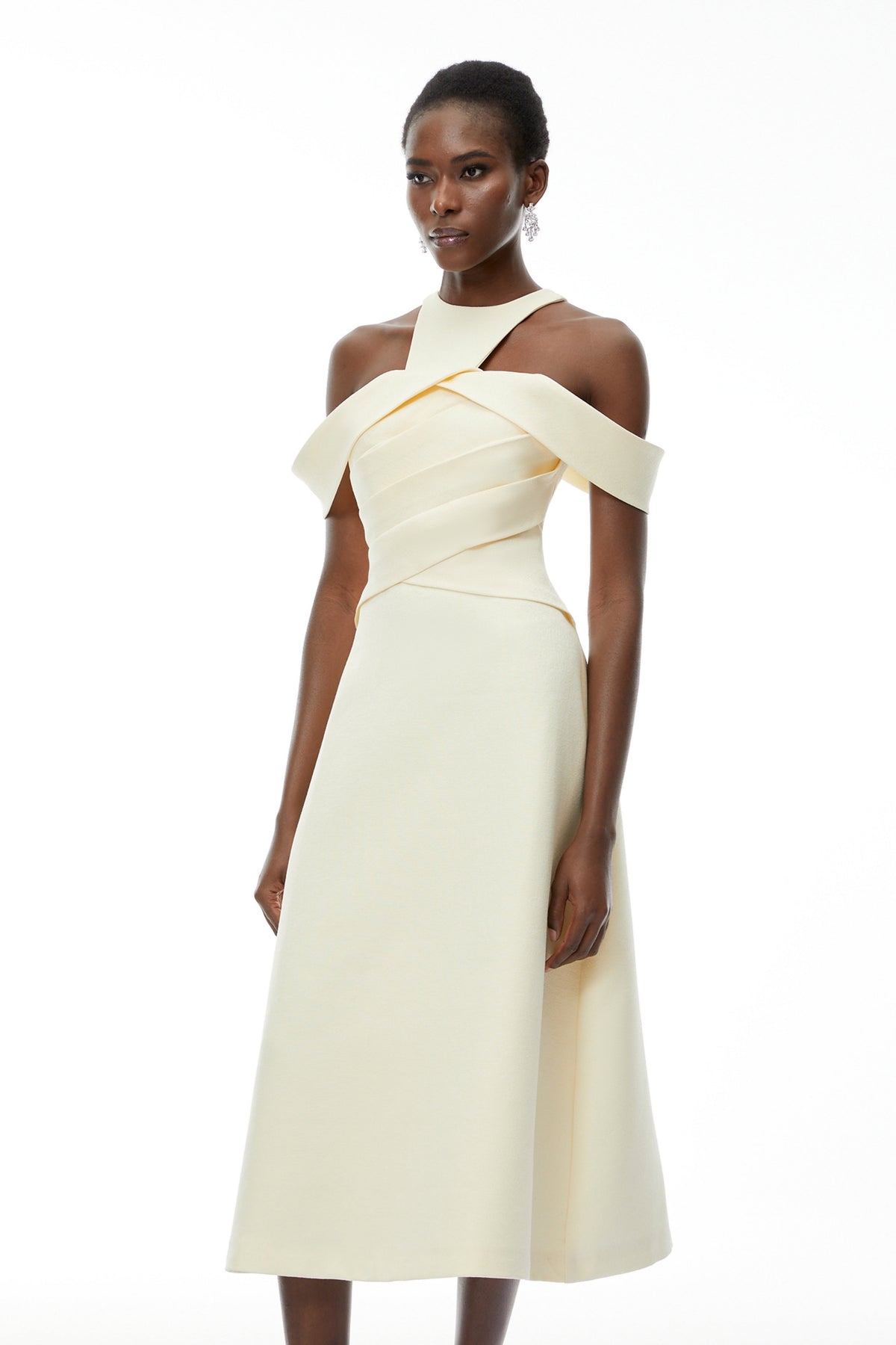 Saara Neutral Cold Shoulder Ruched Midi Dress
