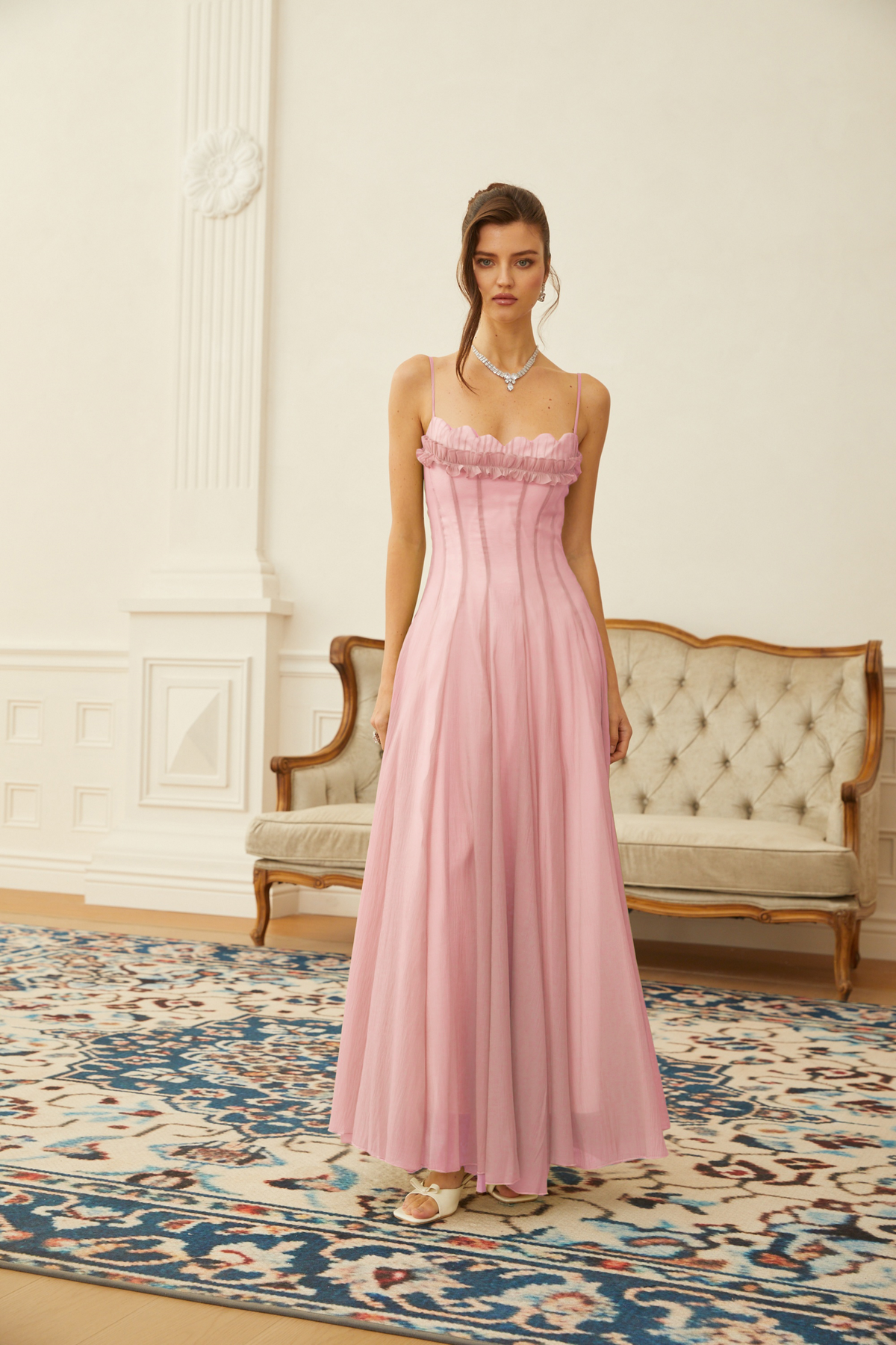 Sakura Ruffled Shirred Tulle Maxi Dress