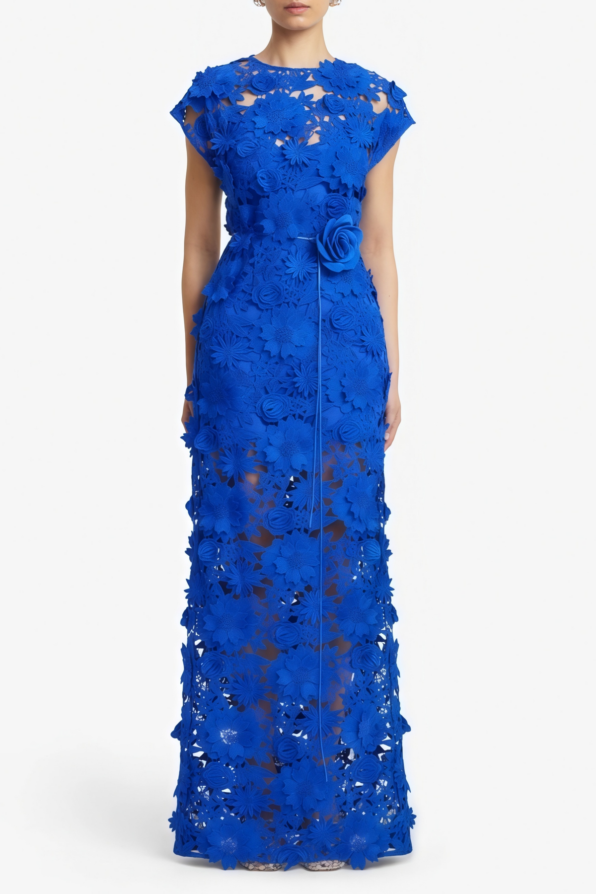 Jochebed Blue Floral Appliqué Maxi Dress with Cut-Outs (Final Sale-US Only)