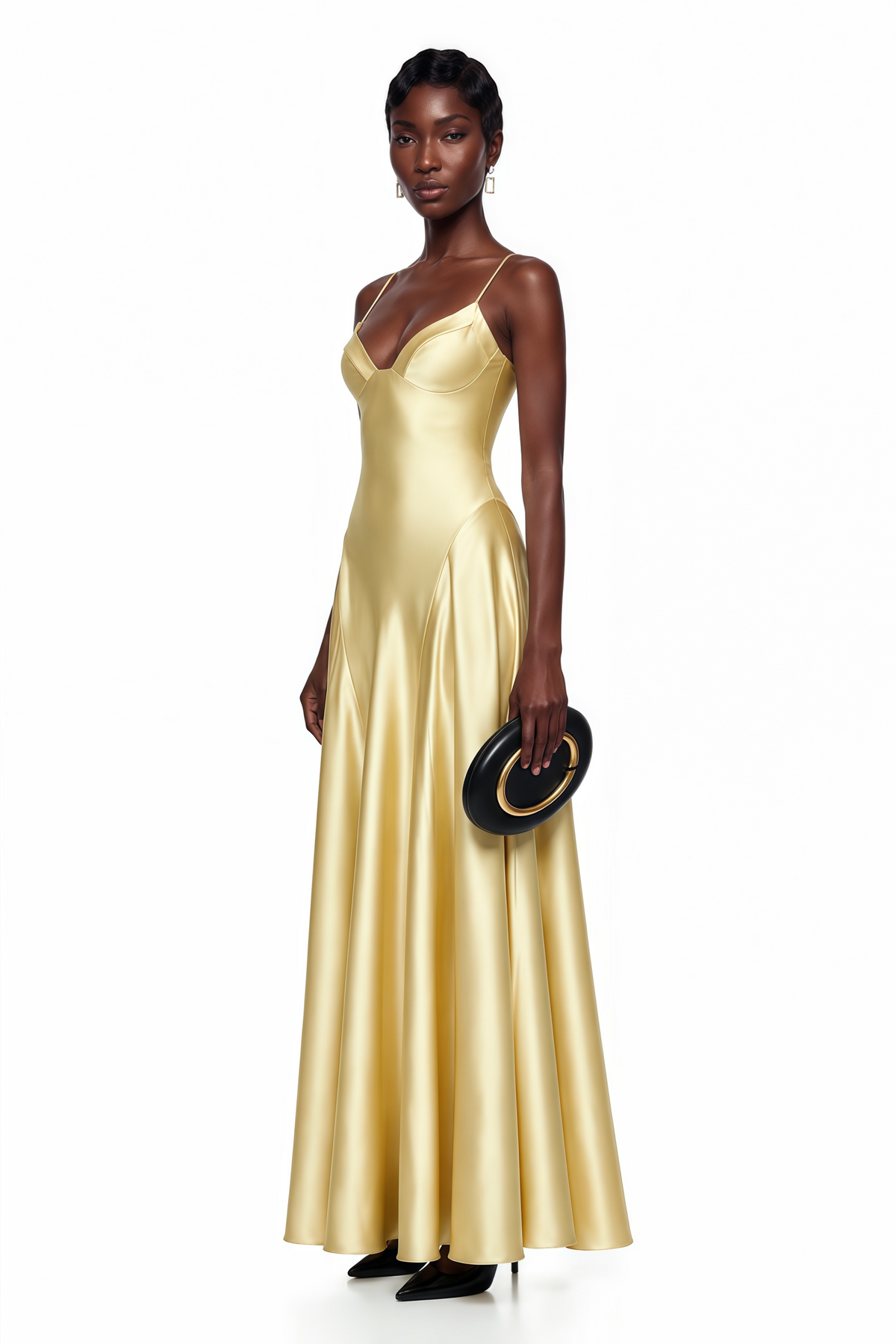 Salomé Yellow V-Neck Flared Satin Maxi Dress