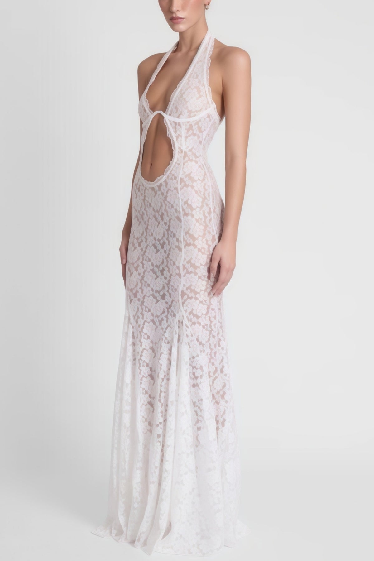 Solange White Halterneck Floral Lace Maxi Dress