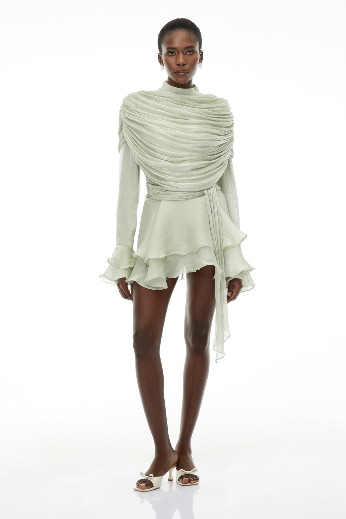 Samira Sage Green Ruffled Ruched Mini Dress with Ribbon