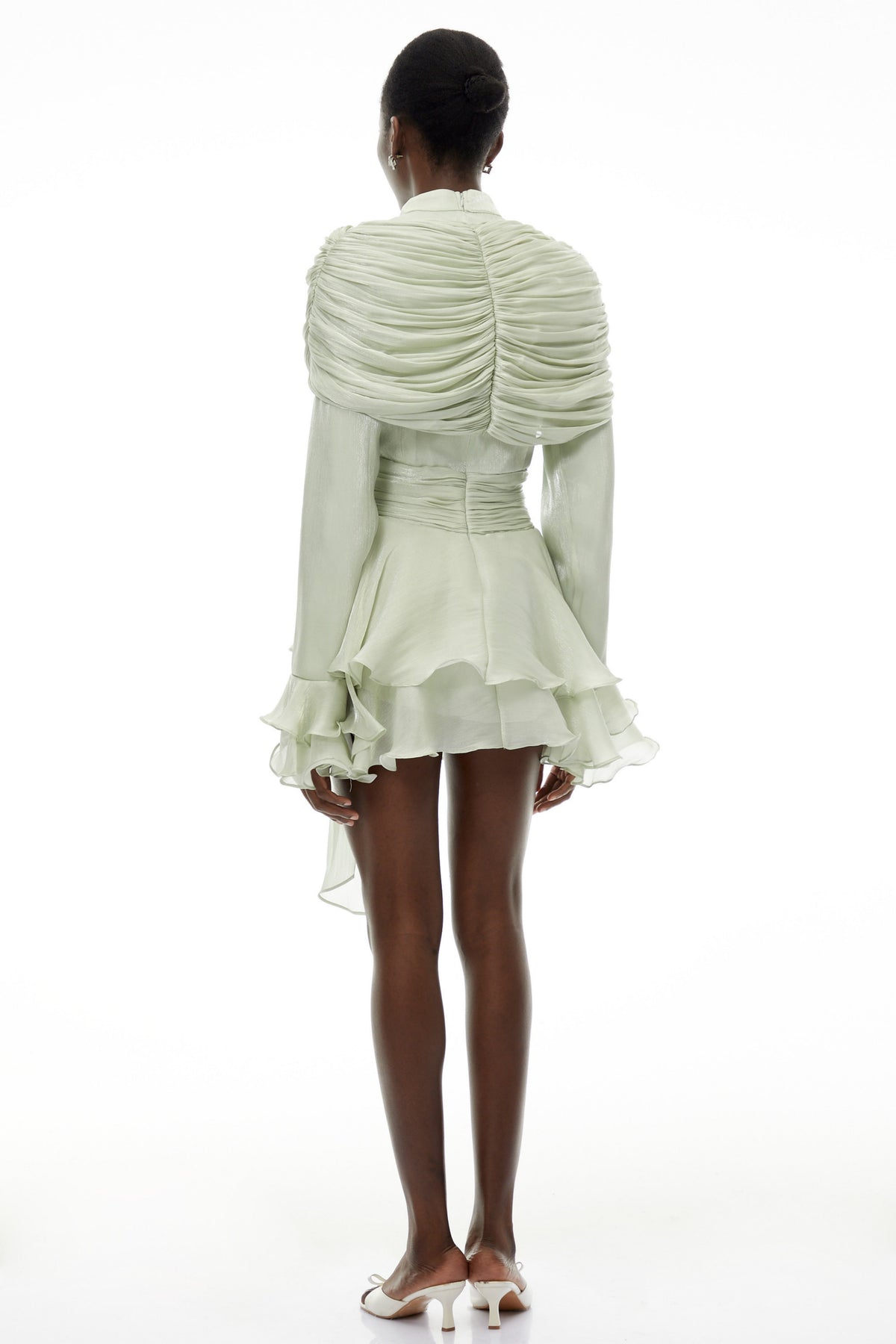 Samira Sage Green Ruffled Ruched Mini Dress with Ribbon
