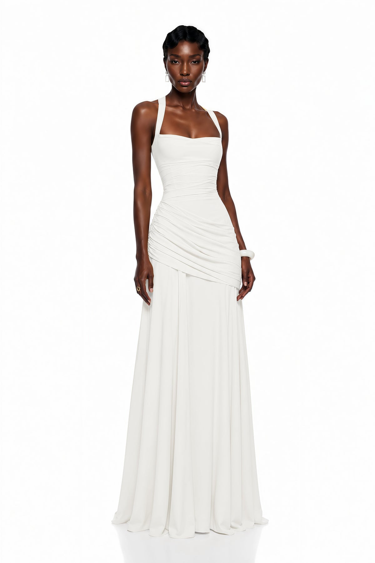 Sanne White Square Neck Ruched Maxi Dress