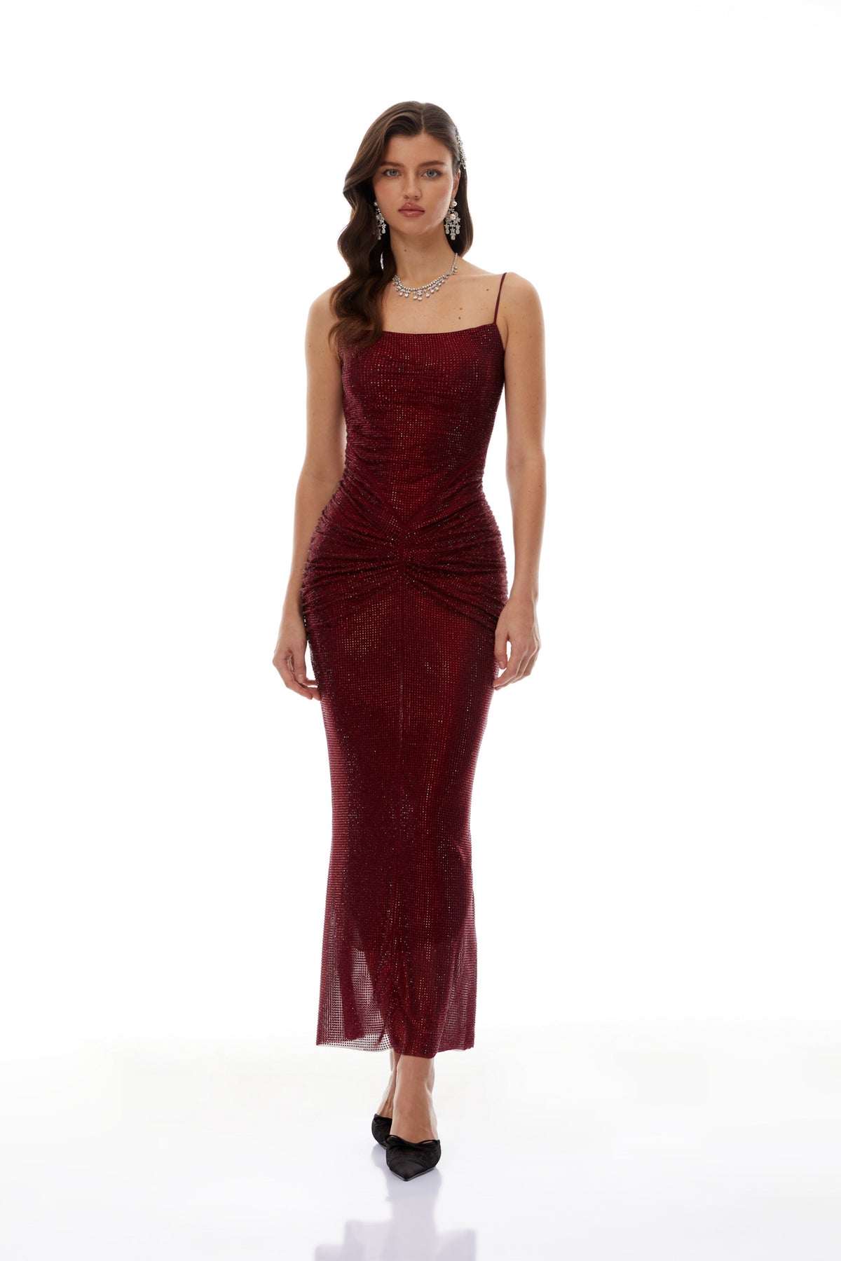 Sara Burgundy Rhinestone Ruched Maxi Gown
