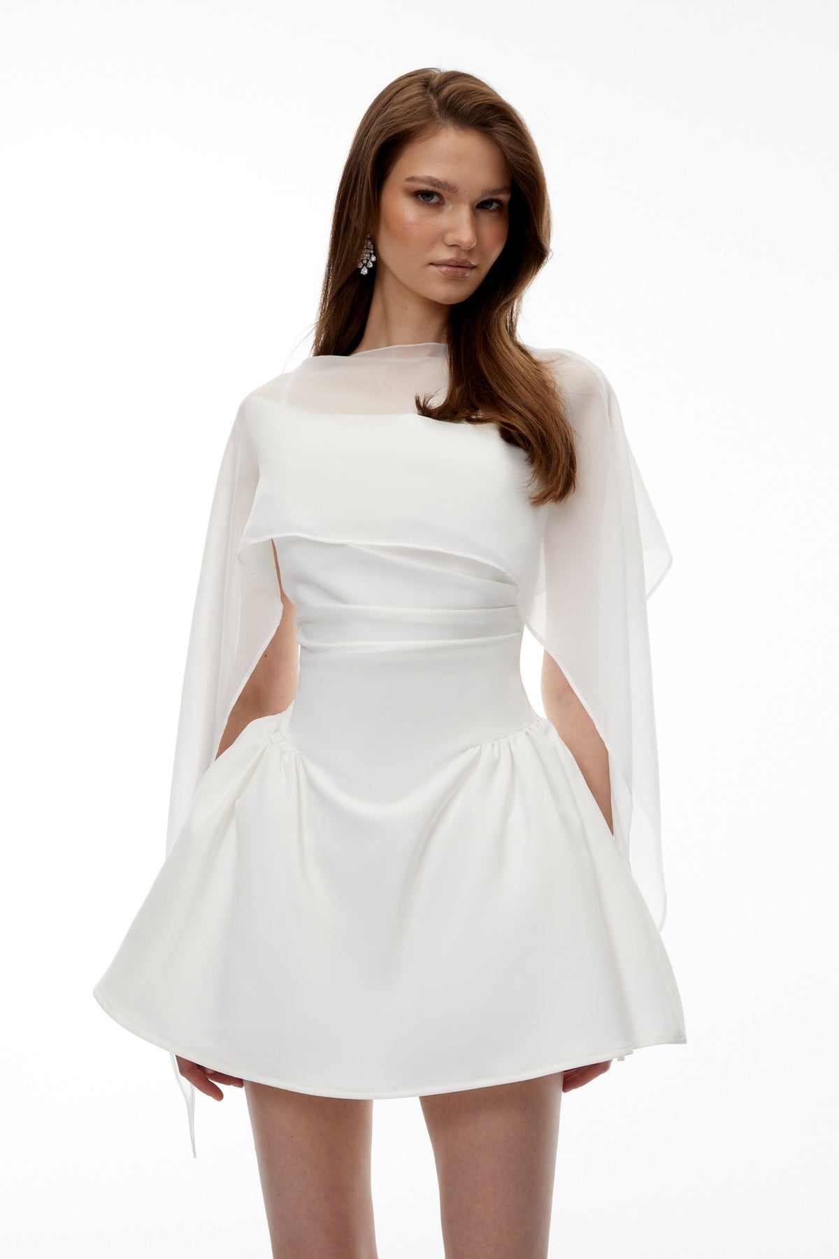 Sarah White Cinched Waist Mini Dress with Cape