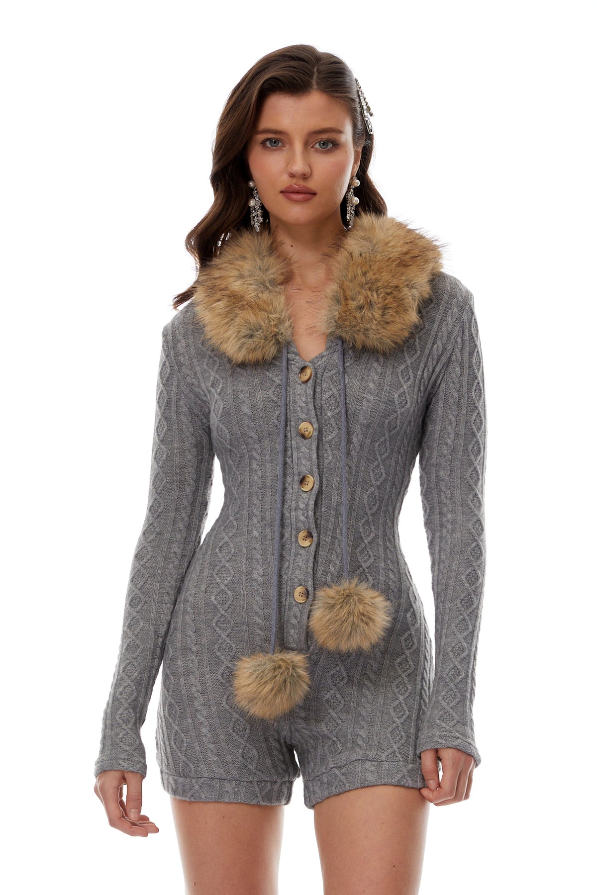 Saskia Grey Fur Trim Stretch Rib-Knit Playsuit