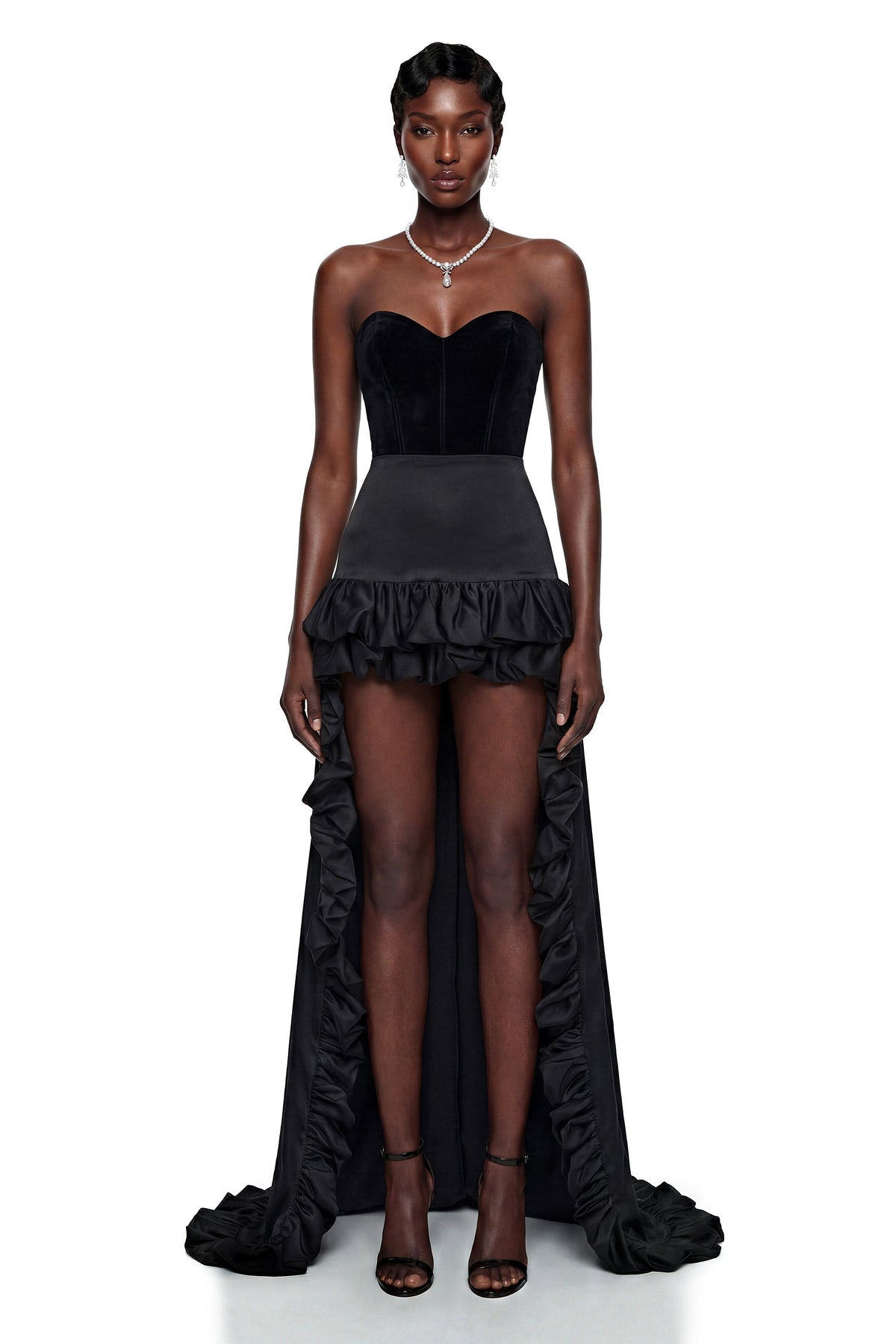 Saveria Black Ruffled High-Low Satin Skirt