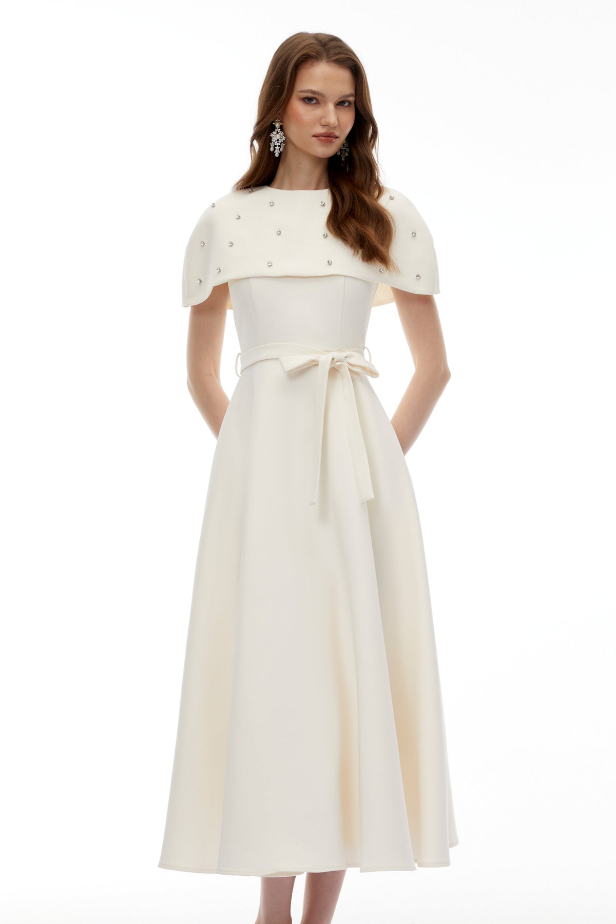 Sawda White Embellished Midi Dress with Cape