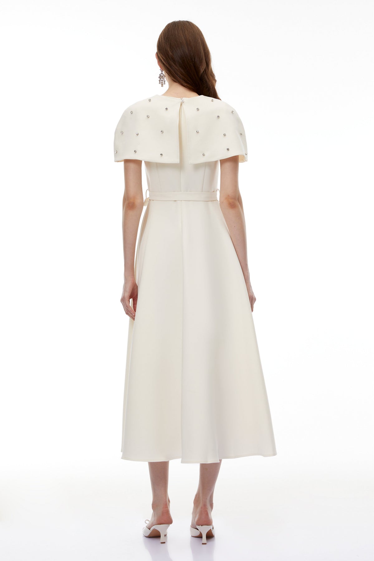 Sawda White Embellished Midi Dress with Cape