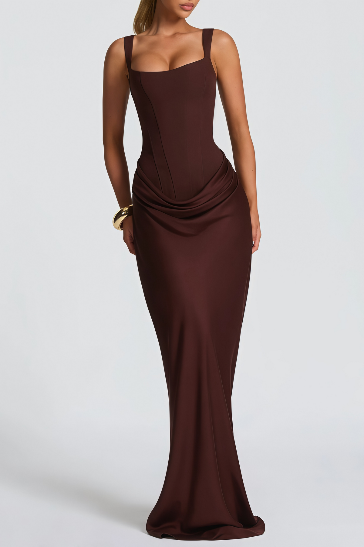Paulette Brown Ruched Corset Maxi Dress  (Final Sale-US Only)