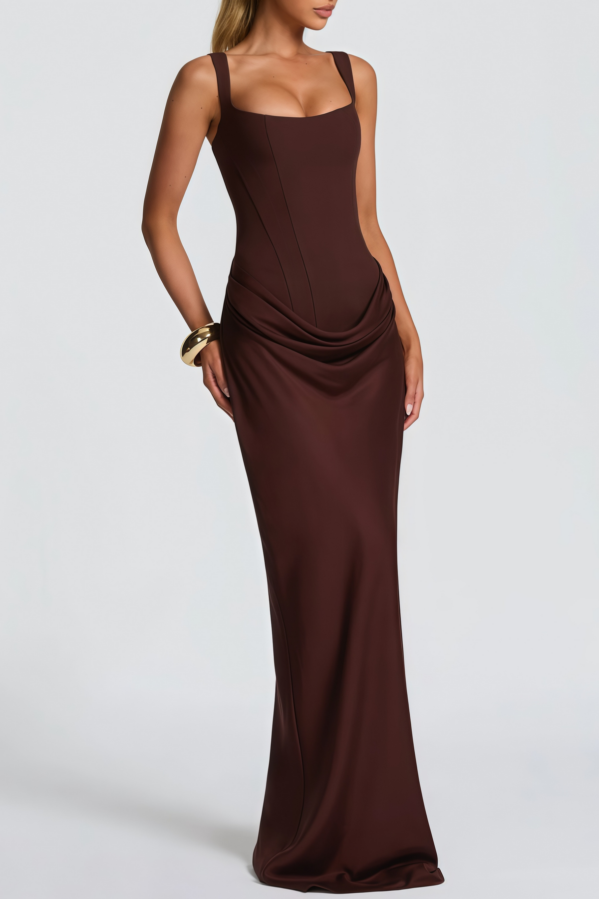 Paulette Brown Ruched Corset Maxi Dress  (Final Sale-US Only)