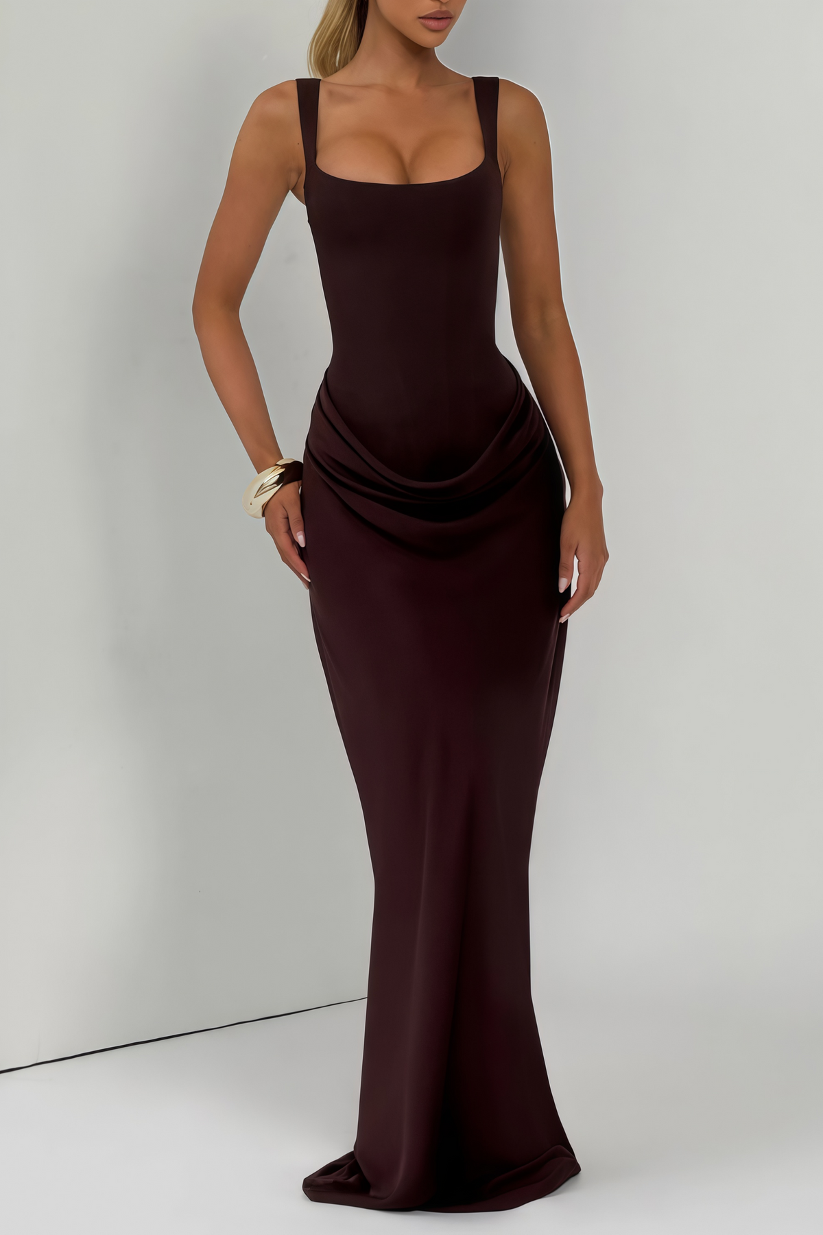Paulette Brown Ruched Corset Maxi Dress  (Final Sale-US Only)