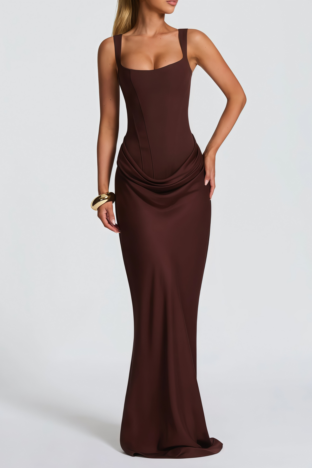Paulette Brown Ruched Corset Maxi Dress  (Final Sale-US Only)