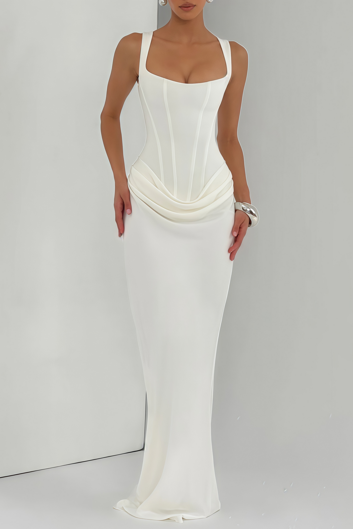 Paulette White Ruched Corset Maxi Dress