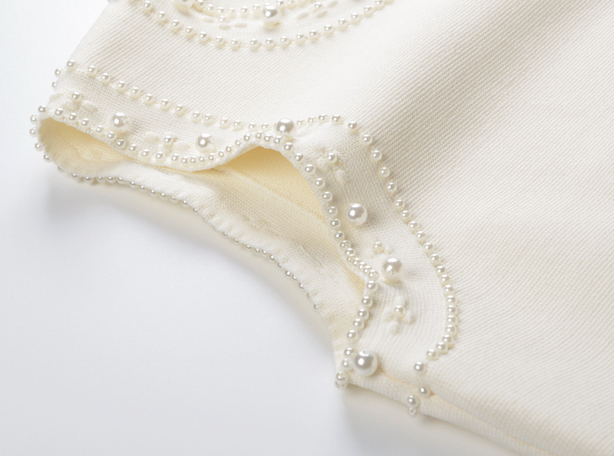 SANDRO Donatienne white faux-pearl knitted maxi dress - Beige
